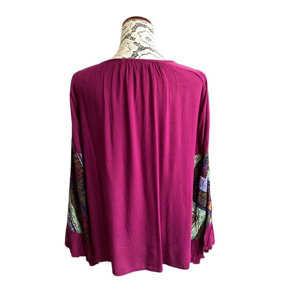 Entro women's boho-style peasant blouse v-neck bell sleeves size L magenta - Picture 4 of 9